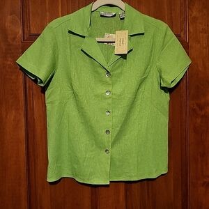 Street Fashion Woman's Sz S Shrt Sleeve Linen Button-Up Y2K top Sprout Green NWT